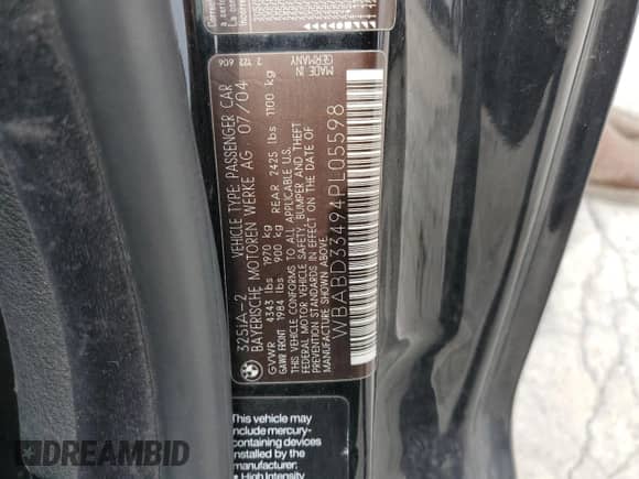 2004 BMW 3 Series 325Ci с VIN WBABD33494PL05598, выставлен на аукционе Copart как лот 84643995 с пробегом 158 847 миль миль и Списание • Salvage title. История ставок и продаж доступна на DreamBid. Изображение 12.