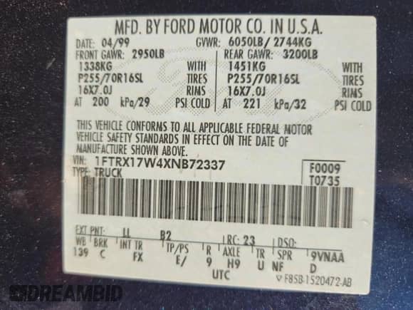 1999 Ford F-150 с VIN 1FTRX17W4XNB72337, выставлен на аукционе Copart как лот 86766575 с пробегом 183 712 миль миль и Чистый • Clean title. История ставок и продаж доступна на DreamBid. Изображение 12.