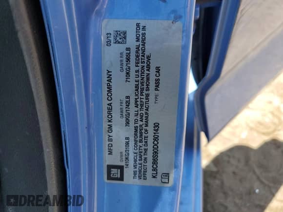 2013 Chevrolet Spark LS with VIN KL8CB6S90DC601430, listed as a Copart auction lot 67749145 with 56,706 mi miles and Salvage title. Bid and sale history available at DreamBid. Image 12.