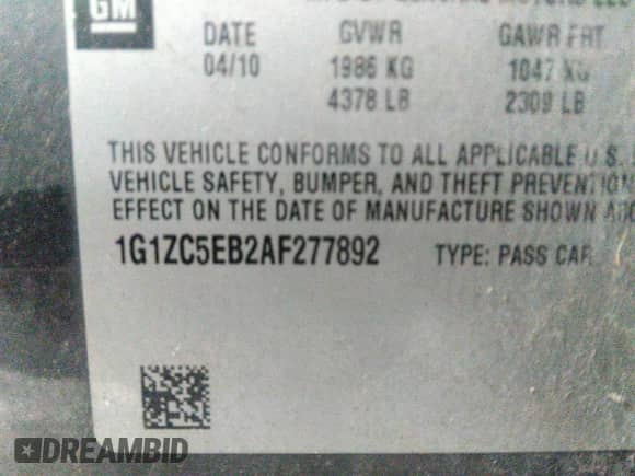 2010 Chevrolet Malibu 1LT с VIN 1G1ZC5EB2AF277892, выставлен на аукционе IAAI как лот 43267705 с пробегом 120 252 миль миль и . История ставок и продаж доступна на DreamBid. Изображение 9.