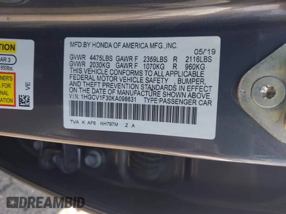 2019 Honda Accord Sport с VIN 1HGCV1F30KA098631, выставлен на аукционе IAAI как лот 43078975 с пробегом 51 494 миль миль и . История ставок и продаж доступна на DreamBid. Изображение 9.