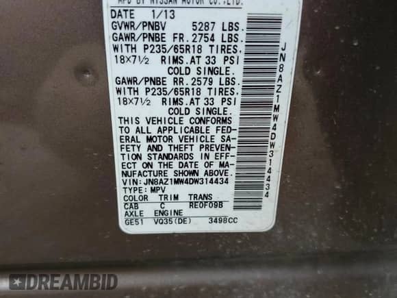 2013 Nissan Murano S with VIN JN8AZ1MW4DW314434, listed as a Copart auction lot 57037645 with 122,487 mi miles and Salvage title. Bid and sale history available at DreamBid. Image 13.