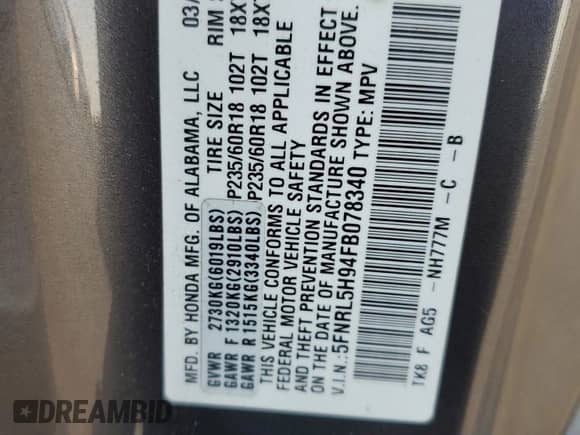 2015 Honda Odyssey Touring Elite с VIN 5FNRL5H94FB078340, выставлен на аукционе Copart как лот 80651515 с пробегом 171 249 миль миль и Списание • Salvage title. История ставок и продаж доступна на DreamBid. Изображение 13.