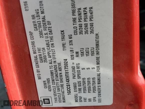 1996 Chevrolet S-10 с VIN 1GCCS1448TK140929, выставлен на аукционе Copart как лот 70789474 с пробегом 297 326 миль миль и Списание • Salvage title. История ставок и продаж доступна на DreamBid. Изображение 12.