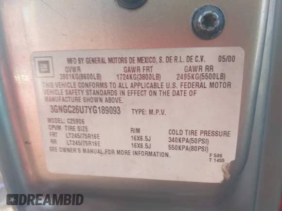 2000 Chevrolet Suburban LT z VIN 3GNGC26U7YG189093, wystawiony jako IAAI lot #41129079 z przebiegiem 346 765 mil mil oraz . Historia ofert i sprzedaży dostępna na DreamBid. Obrazek 9.