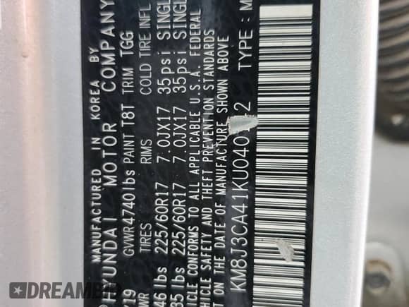 2019 Hyundai Tucson Value с VIN KM8J3CA41KU040142, выставлен на аукционе Copart как лот 68345575 с пробегом 55 942 миль миль и Списание • Salvage title. История ставок и продаж доступна на DreamBid. Изображение 14.