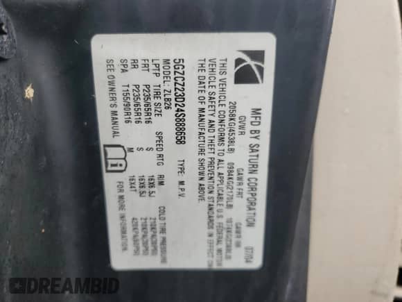 2004 Saturn VUE z VIN 5GZCZ23D24S888658, wystawiony jako Copart lot #52075025 z przebiegiem 258 490 mil mil oraz Szkoda całkowita • Salvage title. Historia ofert i sprzedaży dostępna na DreamBid. Obrazek 13.