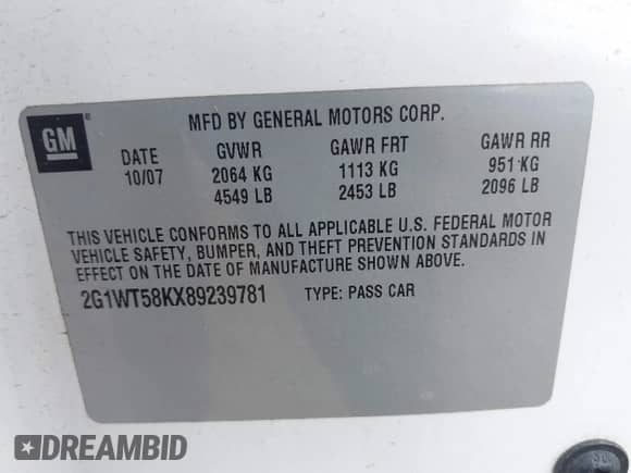 2008 Chevrolet Impala LT with VIN 2G1WT58KX89239781, listed as a IAAI auction lot 43410238 with 180,383 mi miles and . Bid and sale history available at DreamBid. Image 9.