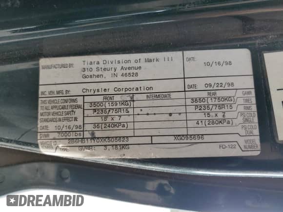 1999 Dodge Cargo Conversion with VIN 2B6HB11Y0XK505623, listed as a Copart auction lot 71873994 with 69,806 mi miles and Non repairable. Bid and sale history available at DreamBid. Image 14.