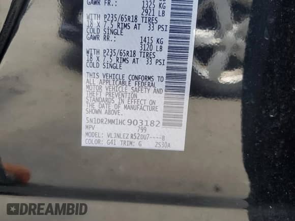 2017 Nissan Pathfinder SV with VIN 5N1DR2MM1HC903182, listed as a Copart auction lot 70628945 with 96,995 mi miles and Salvage title. Bid and sale history available at DreamBid. Image 13.