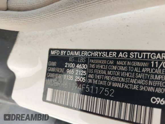 2004 Mercedes-Benz C 240 with VIN WDBRH61J94F511752, listed as a IAAI auction lot 42100396 with 217,183 mi miles and . Bid and sale history available at DreamBid. Image 9.