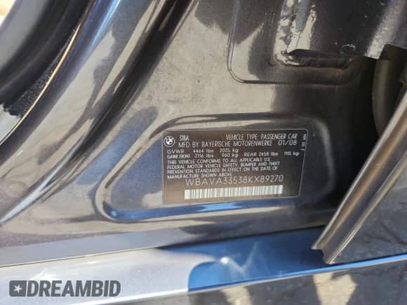 2008 BMW 3 Series 328i with VIN WBAVA33538KX89270, listed as a Copart auction lot 71548215 with 171,690 mi miles and Salvage title. Bid and sale history available at DreamBid. Image 12.