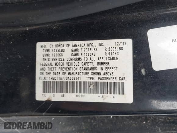 2013 Honda Accord EX with VIN 1HGCT1A77DA006241, listed as a IAAI auction lot 43389456 with 201,895 mi miles and . Bid and sale history available at DreamBid. Image 9.