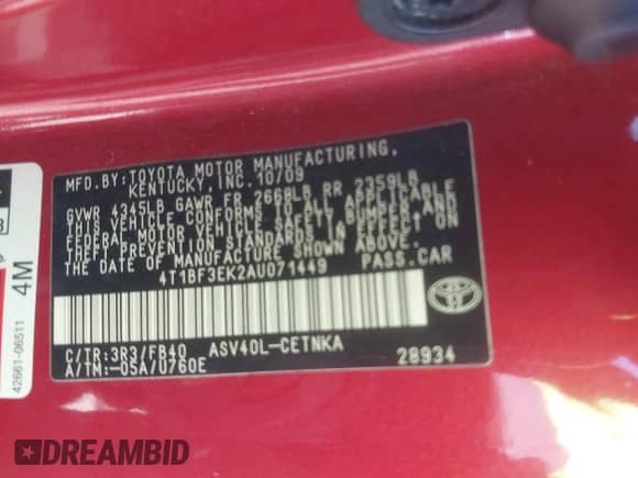 2010 Toyota Camry z VIN 4T1BF3EK2AU071449, wystawiony jako IAAI lot #43559251 z przebiegiem 246 661 mil mil oraz . Historia ofert i sprzedaży dostępna na DreamBid. Obrazek 9.