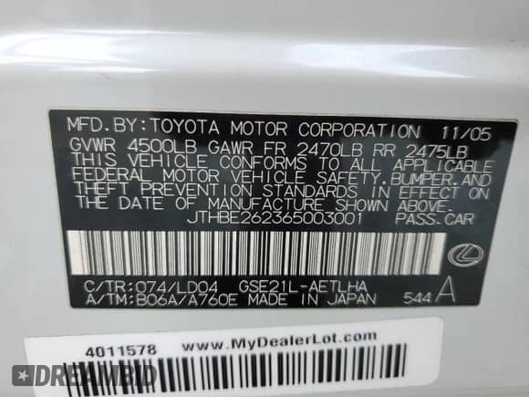 2006 Lexus IS 350 z VIN JTHBE262365003001, wystawiony jako Copart lot #71661585 z przebiegiem 37 785 mil mil oraz Szkoda całkowita • Salvage title. Historia ofert i sprzedaży dostępna na DreamBid. Obrazek 13.