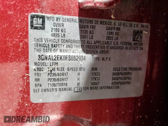 2014 Chevrolet Captiva Sport LS with VIN 3GNAL2EK0ES652934, listed as a Copart auction lot 58054044 with 122,955 mi miles and Clean title. Bid and sale history available at DreamBid. Image 13.