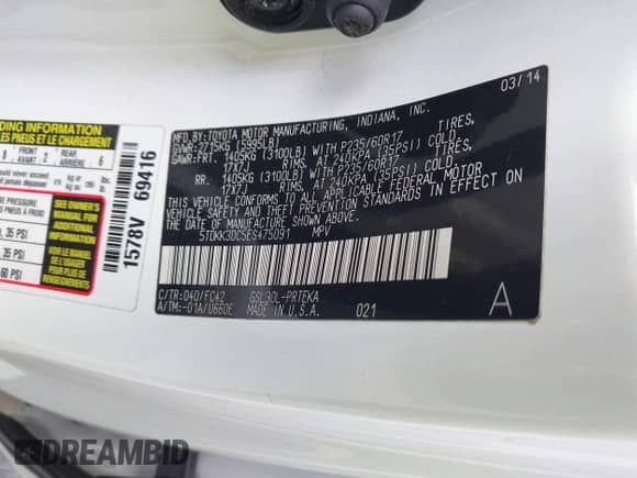 2014 Toyota Sienna LE AAS with VIN 5TDKK3DC5ES475091, listed as a IAAI auction lot 43305414 with 272,696 mi miles and . Bid and sale history available at DreamBid. Image 9.