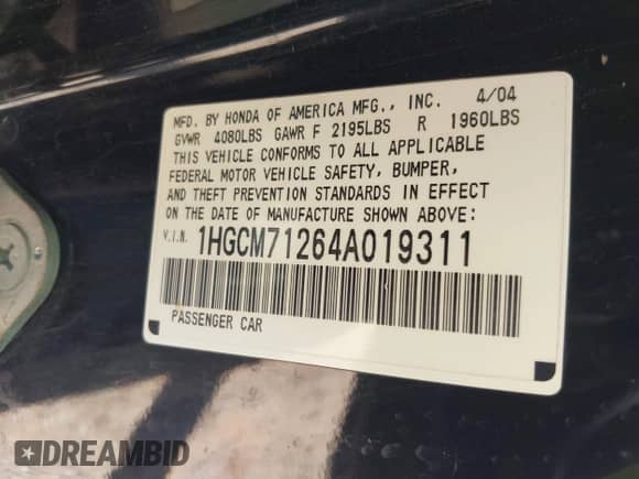 2004 Honda Accord LX with VIN 1HGCM71264A019311, listed as a IAAI auction lot 42934052 with 2,519,761 mi miles and . Bid and sale history available at DreamBid. Image 9.