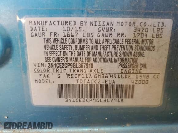 2016 Nissan Note S Plus с VIN 3N1CE2CP9GL367918, выставлен на аукционе Copart как лот 72067285 с пробегом 151 670 миль миль и Списание • Salvage title. История ставок и продаж доступна на DreamBid. Изображение 12.