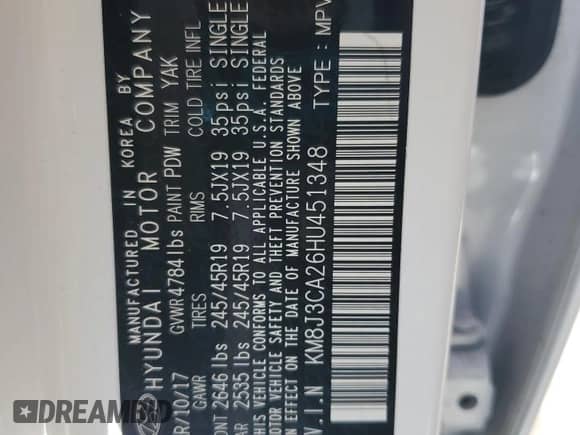 2017 Hyundai Tucson Limited with VIN KM8J3CA26HU451348, listed as a Copart auction lot 71032705 with 18,606 mi miles and Salvage title. Bid and sale history available at DreamBid. Image 13.