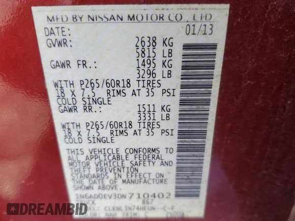 2013 Nissan Frontier SL with VIN 1N6AD0EV3DN710402, listed as a Copart auction lot 43846485 with 116,974 mi miles and Salvage title. Bid and sale history available at DreamBid. Image 13.