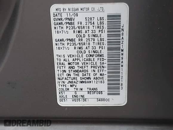 2010 Nissan Murano SL with VIN JN8AZ1MW9AW112183, listed as a IAAI auction lot 43280067 with 109,912 mi miles and . Bid and sale history available at DreamBid. Image 9.