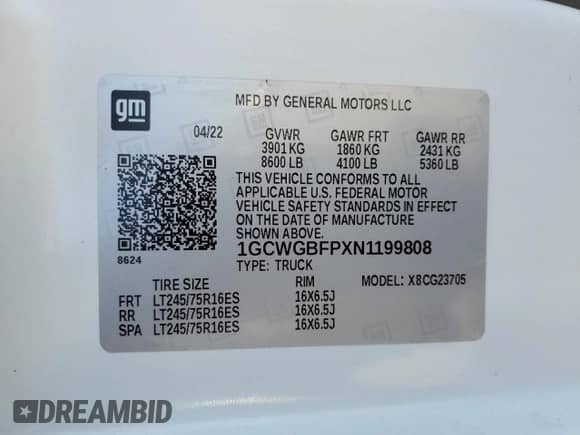 2022 Chevrolet Express Cargo with VIN 1GCWGBFPXN1199808, listed as a Copart auction lot 87076194 with 43,967 mi miles and Salvage title. Bid and sale history available at DreamBid. Image 15.