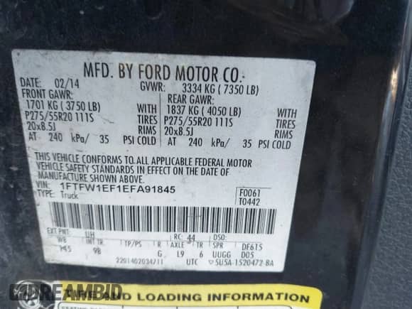 2014 Ford F-150 XL with VIN 1FTFW1EF1EFA91845, listed as a IAAI auction lot 41319958 with 124,819 mi miles and . Bid and sale history available at DreamBid. Image 9.