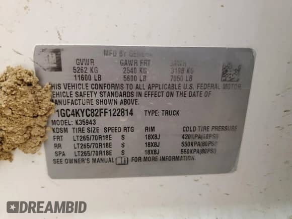 2015 Chevrolet Silverado 3500HD Work Truck with VIN 1GC4KYC82FF122814, listed as a Copart auction lot 61437695 with 255,460 mi miles and Clean title. Bid and sale history available at DreamBid. Image 12.