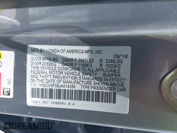 2018 Honda Accord EX-L with VIN 1HGCV3F58JA014356, listed as a IAAI auction lot 42890271 with 47,174 mi miles and . Bid and sale history available at DreamBid. Image 9.
