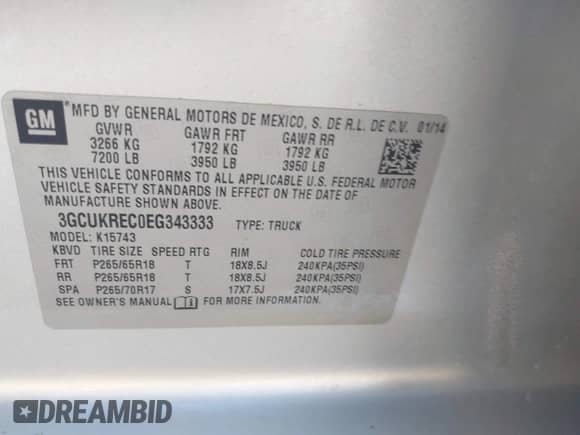 2014 Chevrolet Silverado 1500 LT with VIN 3GCUKREC0EG343333, listed as a IAAI auction lot 43328983 with 143,254 mi miles and . Bid and sale history available at DreamBid. Image 9.