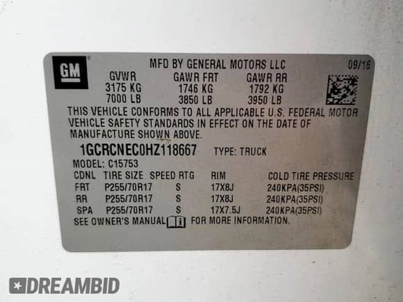 2017 Chevrolet Silverado 1500 Work Truck with VIN 1GCRCNEC0HZ118667, listed as a Copart auction lot 69351405 with 148,664 mi miles and Salvage title. Bid and sale history available at DreamBid. Image 12.