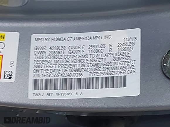 2018 Honda Accord EX z VIN 1HGCV3F43JA017236, wystawiony jako IAAI lot #41835933 z przebiegiem 106 mil mil oraz . Historia ofert i sprzedaży dostępna na DreamBid. Obrazek 9.