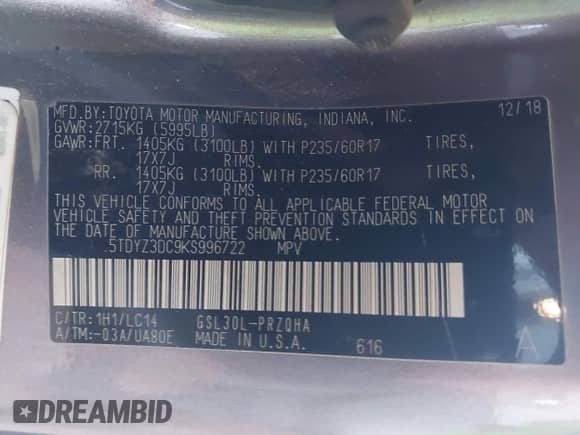 2019 Toyota Sienna XLE Auto Access Seat z VIN 5TDYZ3DC9KS996722, wystawiony jako IAAI lot #43491646 z przebiegiem 44 001 mil mil oraz . Historia ofert i sprzedaży dostępna na DreamBid. Obrazek 9.