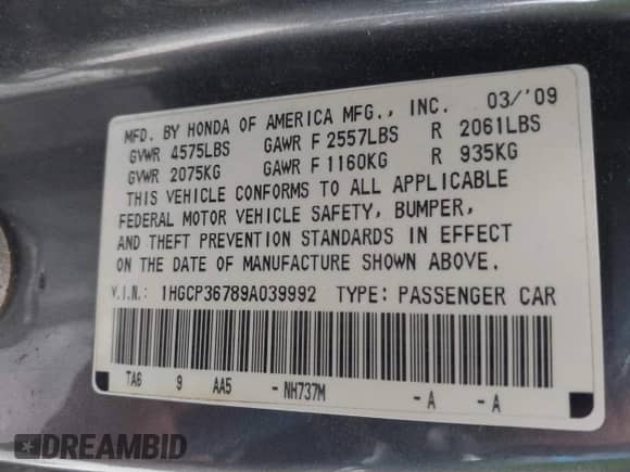 2009 Honda Accord EX с VIN 1HGCP36789A039992, выставлен на аукционе IAAI как лот 39940382 с пробегом 170 002 миль миль и . История ставок и продаж доступна на DreamBid. Изображение 9.