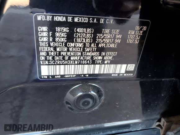 2020 Honda HR-V LX with VIN 3CZRU5H3XLM718643, listed as a Copart auction lot 84825775 with 53,667 mi miles and Salvage title. Bid and sale history available at DreamBid. Image 13.