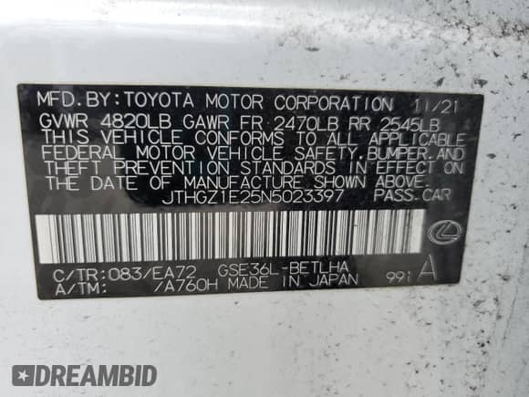 2022 Lexus IS 350 F Sport с VIN JTHGZ1E25N5023397, выставлен на аукционе Copart как лот 51678905 с пробегом 61 161 миль миль и Списание • Salvage title. История ставок и продаж доступна на DreamBid. Изображение 12.