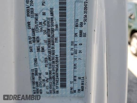 2008 Ford Econoline Cargo Commercial with VIN 1FTNE24W78DA18081, listed as a Copart auction lot 54055265 with 162,658 mi miles and Salvage title. Bid and sale history available at DreamBid. Image 13.