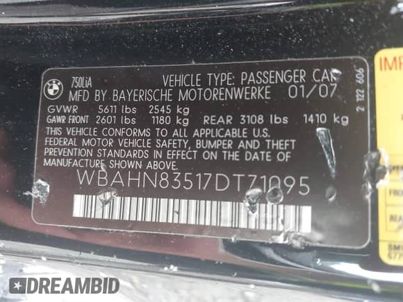 2007 BMW 7 Series 750Li с VIN WBAHN83517DT71095, выставлен на аукционе IAAI как лот 42688280 с пробегом Не указан миль и . История ставок и продаж доступна на DreamBid. Изображение 9.