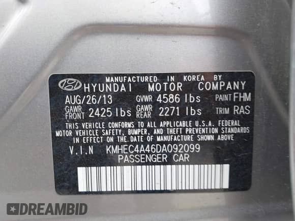 2013 Hyundai Sonata Limited with VIN KMHEC4A46DA092099, listed as a IAAI auction lot 42173935 with 134,220 mi miles and . Bid and sale history available at DreamBid. Image 9.