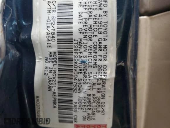 1997 Toyota Camry LE z VIN JT2BF22K0V0047532, wystawiony jako Copart lot #56109305 z przebiegiem 262 576 mil mil oraz Szkoda całkowita • Salvage title. Historia ofert i sprzedaży dostępna na DreamBid. Obrazek 12.