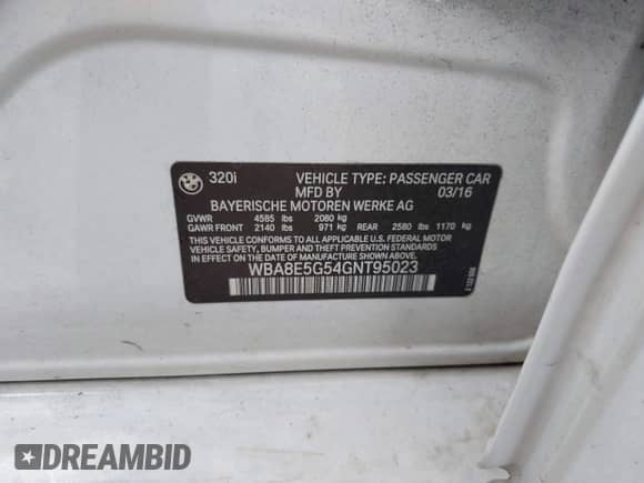 2016 BMW 3 Series 320i xDrive z VIN WBA8E5G54GNT95023, wystawiony jako IAAI lot #43329132 z przebiegiem 161 887 mil mil oraz . Historia ofert i sprzedaży dostępna na DreamBid. Obrazek 9.
