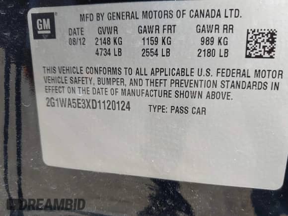 2013 Chevrolet Impala LS with VIN 2G1WA5E3XD1120124, listed as a IAAI auction lot 42360600 with 77,081 mi miles and . Bid and sale history available at DreamBid. Image 9.