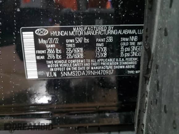 2022 Hyundai Santa Fe SEL with VIN 5NMS2DAJ9NH470987, listed as a Copart auction lot 68364162 with 6,358 mi miles and . Bid and sale history available at DreamBid. Image 12.