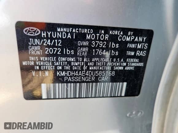 2013 Hyundai Elantra GLS с VIN KMHDH4AE4DU585168, выставлен на аукционе Copart как лот 67086295 с пробегом 158 624 миль миль и Списание • Salvage title. История ставок и продаж доступна на DreamBid. Изображение 13.
