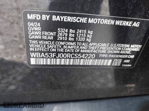 2024 BMW 5 Series 530i xDrive with VIN WBA53FJ00RCS54220, listed as a IAAI auction lot 42403628 with 19,047 mi miles and . Bid and sale history available at DreamBid. Image 9.