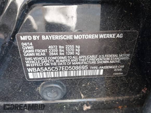 2014 BMW 5 Series 528i with VIN WBA5A5C57ED508695, listed as a IAAI auction lot 43591191 with Not provided miles and . Bid and sale history available at DreamBid. Image 9.