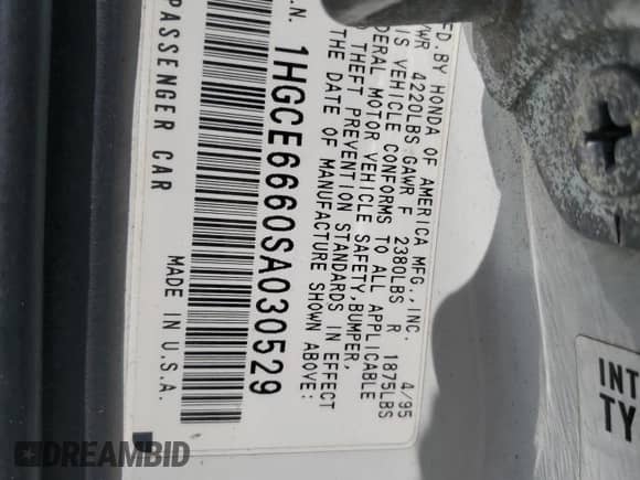 1995 Honda Accord with VIN 1HGCE6660SA030529, listed as a Copart auction lot 56056285 with 201,899 mi miles and Salvage title. Bid and sale history available at DreamBid. Image 12.