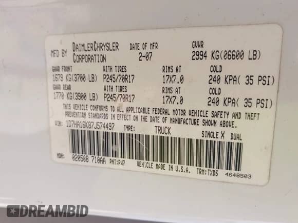 2007 Dodge 1500 ST z VIN 1D7HA16K87J574497, wystawiony jako IAAI lot #42506858 z przebiegiem 223 875 mil mil oraz . Historia ofert i sprzedaży dostępna na DreamBid. Obrazek 9.