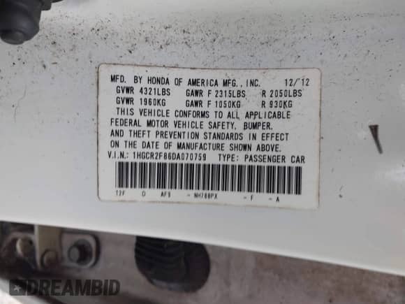 2013 Honda Accord EX-L z VIN 1HGCR2F86DA070759, wystawiony jako IAAI lot #43226802 z przebiegiem Nie podano mil oraz . Historia ofert i sprzedaży dostępna na DreamBid. Obrazek 9.